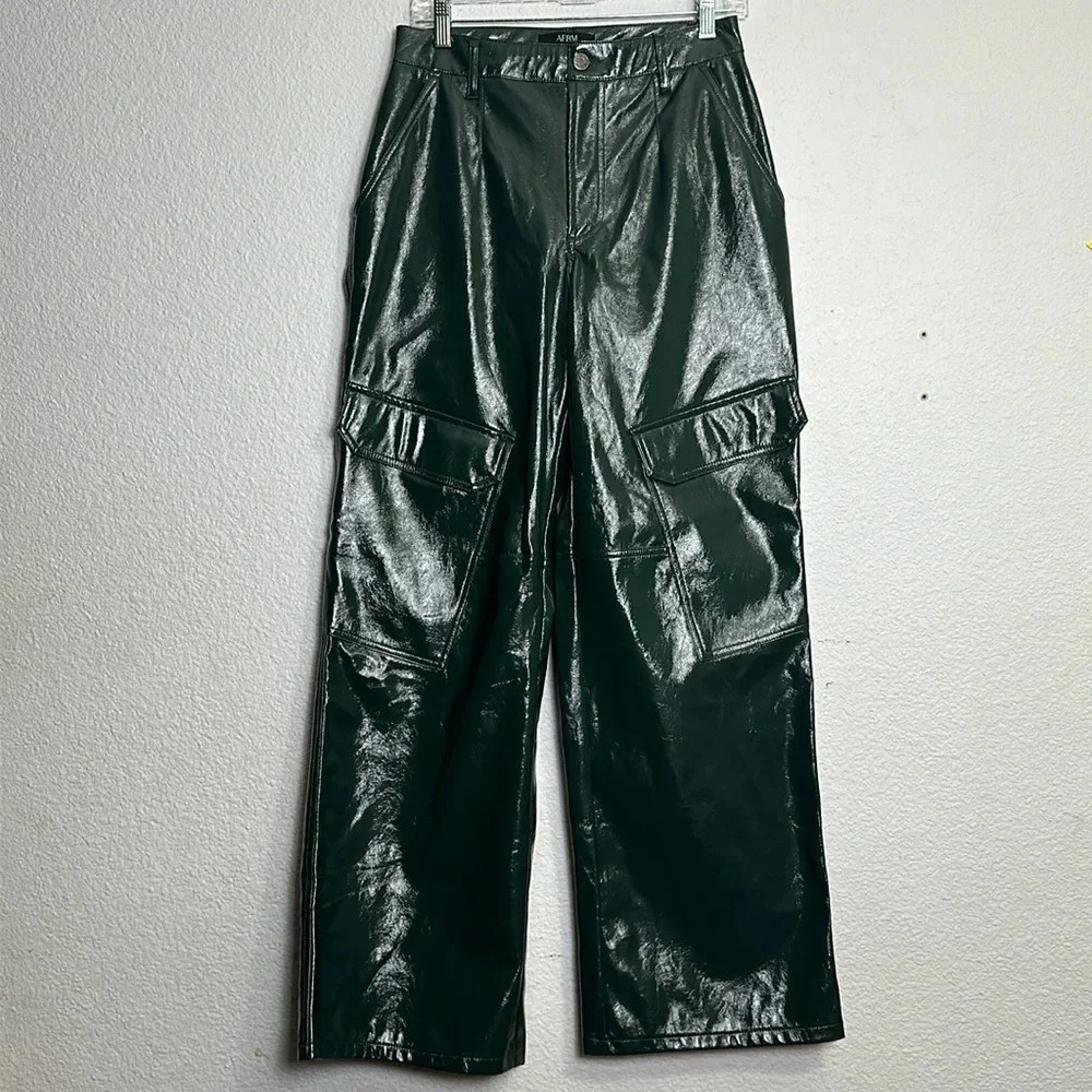 AFRM Wynn Wide Leg Pants Faux Leather Womens Size 25 High Waist Dark Green